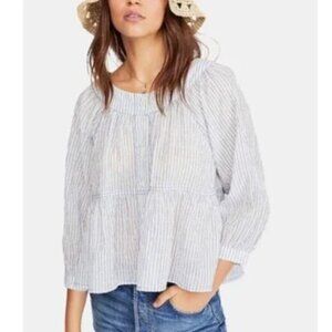 Free People Sea To Shore Striped 3/4 Sleeve Oversize Blouse, White/Blue, Size S